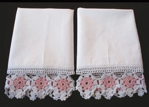 New White-pink  hand Crochet trim 100% Cotton White Pillow Cases  Standard  Pair - Picture 1 of 5
