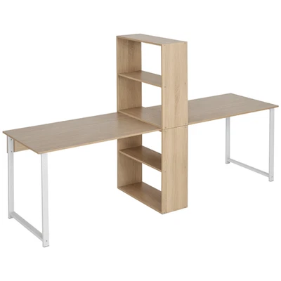 88in 2-Person Desk with Shelves, Double Workstation in Natural Wood Color - Image 1 of 4