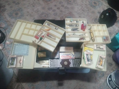 Vintage Trophy Tackle Box  Full  Antique Wood Lures Tackle Helin's Paw paw Flies - Image 1 of 4