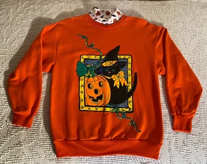 VTG 1980s “CHIC” HALLOWEEN KITTY CAT/PUMPKIN SWEATSHIRT GLITTER SMALL 6028 RARE - Picture 1 of 19