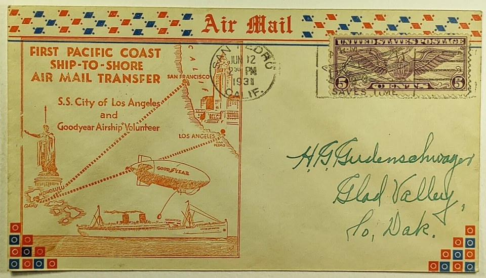 1931 1st Pacific Coast Ship-to-Shore Airmail Transfer Goodyear Airship Volunteer - Image 1 of 2