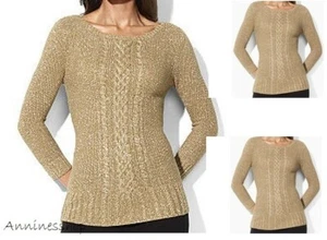 Ralph Lauren Women's Gold metallic Sweater Size Petite P P/P PP cable Knit New - Picture 1 of 3