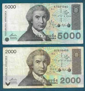 Croatian banknoten HRD 5000 Dinara 1992 + 2000 Dinara 1992. Rudjer Boskovic - Picture 1 of 2