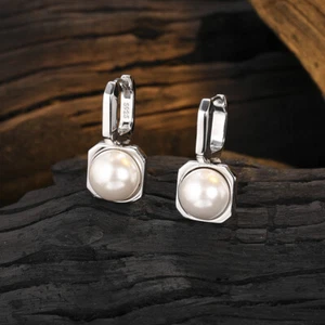 Hoop Huggie 925 Sterling Silver Pearl Square Dangle Earrings Womens Jewelry Gift - Picture 1 of 5