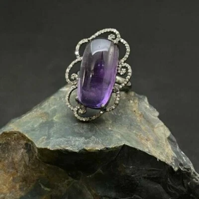 Elegant Pave Diamond & Purple Amethyst 925 Sterling Silver Ring Graduation Gifts - Image 1 of 4