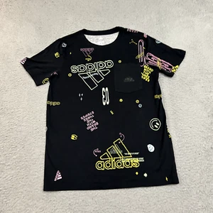 Adidas Shirt Youth Boys Large Black 14/16 All Over Print Pocket Crew Neck Cotton - Picture 1 of 10