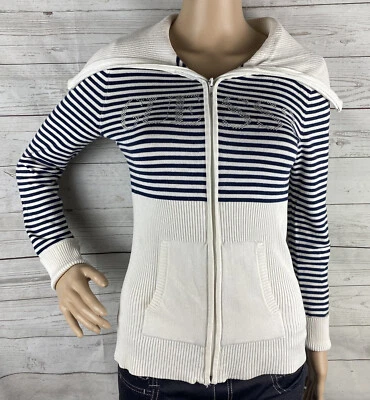 Guess Suéter Chaqueta Juniors Mediana Negra Blanca Rayas Estrás Logo Cremallera Completa Foto 1 de 4
