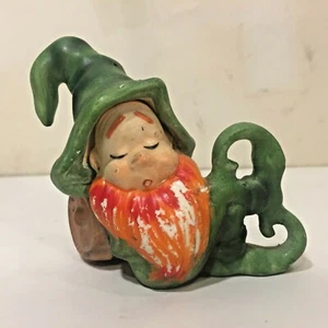 Vtg MCM Ceramic Elf Pixie Laying Resting On Barrel Xmas Figurine Matte Finish - Picture 1 of 7