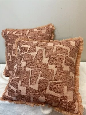 Threshold Set Of Two Toss Pillows Coral Geometric Design With Fringes 18 X 18in - Image 1 of 4