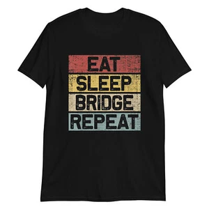 Funny Retro Bridge Player Vintage Eat Sleep Bridge Repeat T-Shirt - Picture 1 of 9