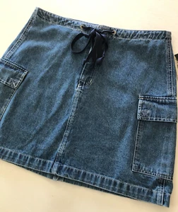 NEW Womens Blue Denim Cargo Skirt Sz PM NWT 100% Cotton Short Tape Measure - Picture 1 of 12