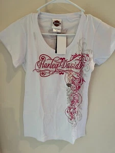 MOTOR HARLEY DAVIDSON - GRÖSSE SMALL WEISSES T-SHIRT MIT SCHMUCKSTEINEN FÜR DAMEN - Bild 1 von 2