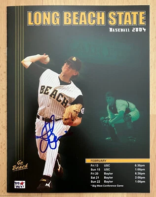 JERED WEAVER LONG BEACH STATE BÉISBOL FIRMADO AUTOGRAFIADO PROGRAMA 2004 TARJETA DE PUNTUACIÓN Foto 1 de 4