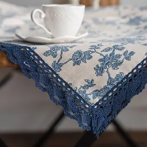 eTRY Navy Blue Floral Tablecloth 55 x 70 inch Rectangle Cotton Line Table Cov... - Picture 1 of 6