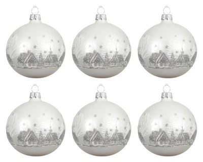 6er Set Weihnachtskugeln 8cm Winterdorf Motiv Handbemalt Mundgeblasen Glas weiß  - Bild 1 von 2