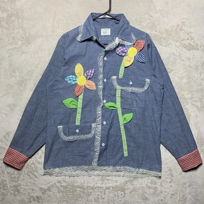 VTG 70’s JC Penney Big Mac Lace Trim Chambray Shirt M Applique Flowers Selvedge - Image 1 of 4