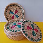 6 Vintage Wicker Rattan 4” Coasters/ With Woven Basket Holder Tan With Red-green