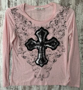 CATO Women's Size S Pink Black Sequin Cross Lightweight Long Sleeve T-Shirt - Picture 1 of 6
