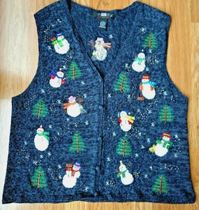 Segue HO HO HO Sweater Vest SNOWMAN Trees BEADING Embroidery KNIT Womens Size L - Picture 1 of 10