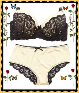 34B New York Elegance Gold Beige Black Lace PushUp UW Bra S Bikini 2pc Set $50 - Picture 1 of 7