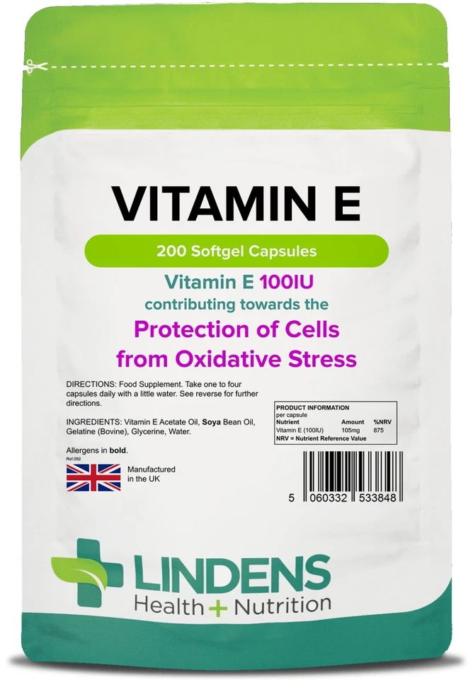 Vitamin E 100iu 200 Capsules Antioxidant Lindens UK