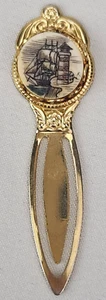 Gold Tone Scrimshaw Book Marker Sailboat Light House Nautical Maritime - Picture 1 of 5