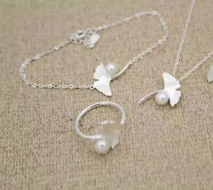 B18 Set Gioielli Bracciale Catena Anello Foglia di Ginkgo Perla Argento Sterling - Foto 1 di 4
