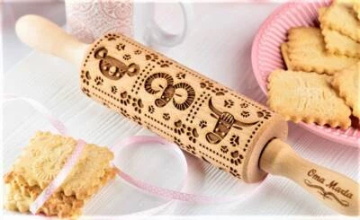 Engraved Wooden Rolling Pin Embossed Dough Roller  Carved Mold African animals - Image 1 of 4