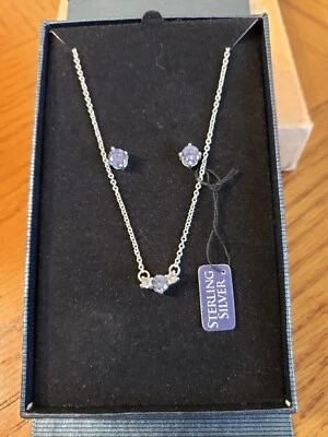 Necklace Earrings Set Round-Cut CZ Jewelry ~ Simulated Sapphire, Sterling Silver - Image 1 of 4