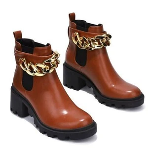 CAPE ROBBIN SHIBA Gold CHAIN BLOCK HEEL COMBAT BOOTS-TAN Boots Size 10 - Picture 1 of 11