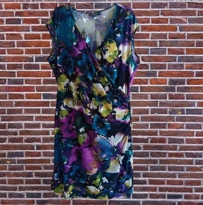 Vestido Vaina Chaps Imitación Envolvente Talla XL Púrpura Floral Acanalado Elastizado Midi - Imagen 1 de 8