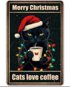 "Retro Christmas Black Cat Coffee Tin Sign 8x12in Fun Wall Decor Poster Room Art - Picture 1 of 9