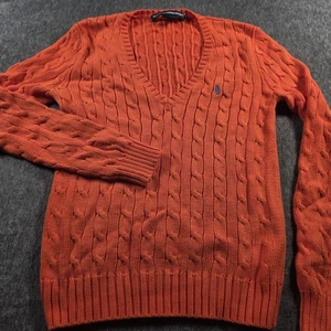 Ralph Lauren Sport Sweater Womens Medium Orange Cable Knit V Neck Pony Logo - Picture 1 of 8