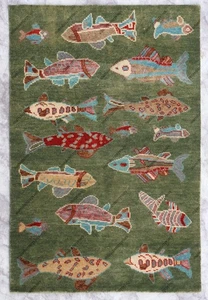 Stunning beautiful Fish Design Rug- 3x5, 4x6, 6x9 Green Area Runner Wool Carpet - Picture 1 of 13