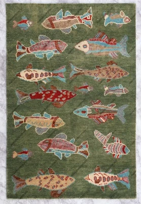 Stunning beautiful Fish Design Rug- 3x5, 4x6, 6x9 Green Area Runner Wool Carpet - Image 1 of 4