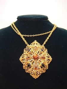 VINTAGE SIGNED FLORENZA GOLD CHAIN NECKLACE BROWN RHINESTONE FILIGREE PENDANT - Picture 1 of 20