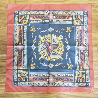 80's Wamcraft Southwest Tribe Native Bandana Blue Peach Handkerchief USA RN14193 - Image 1 of 4