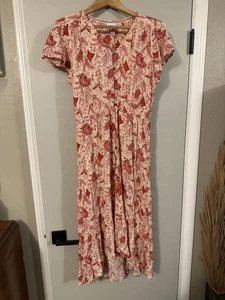 Knox Rose Maxi Dress Sz XL Coral Floral Button Front Flutter Sleeve Ruffle Hem - Picture 1 of 9