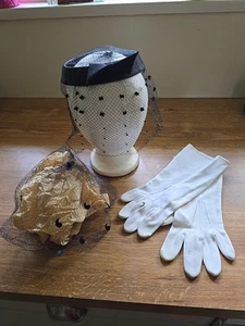 Grouping Of 3 Vintage Items:  1 Black & 1 Blue Fascinator~1 Pr White Gloves~Hat - Picture 1 of 13