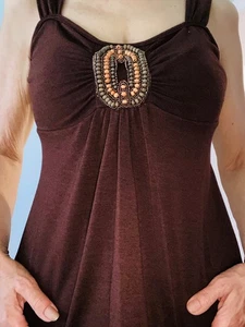 Damen Tanktop Baumwolle mit breiten Trägern und Perlenarbeit vorne - Bild 1 von 6