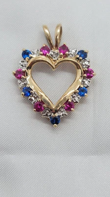 10K Solid Yellow Gold Pink Ruby Blue Sapphire Diamond Accent Open Heart Pendant - Image 1 of 4