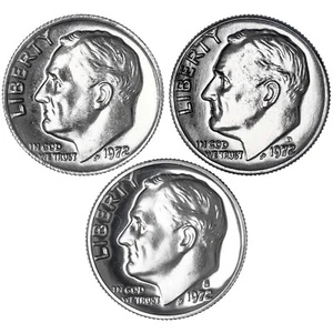 1972 P D S Roosevelt Dime Year Set Clad Proof & BU US 3 Coin Lot - Picture 1 of 5