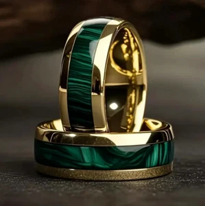 Men's 8mm Tungsten Gold Fabricated Malachite Inlay Comfort-Fit Wedding Band - Picture 1 of 4