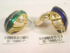 #**** EARRING CLIP Or PIERCED DESIGNER SIGNED BLUE GREEN ENAMEL TONE 960 - Picture 1 of 4