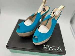 NYLA Perlia Blue Leather Peep-toe Wedges - size 9 - Picture 1 of 7