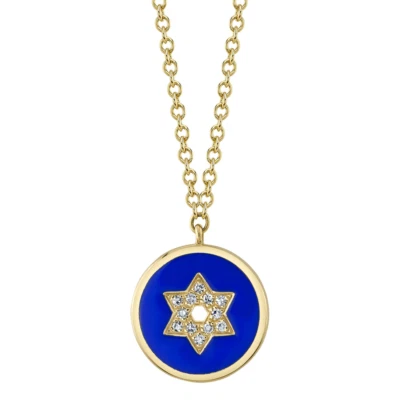 14K Gold Diamond Blue Enamel Star Of David Necklace Natural Disc Pendant 0.03 CT Foto 1 de 2