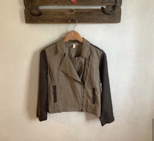 Eileen Fisher Small "Stone" Tan Brown Organic Linen Moto Jacket Zip, Pockets - Picture 1 of 10