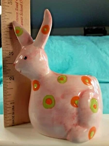 Bunny Rabbit Tealight Votive Candle Holder Pink Ceramic Polka Dot Rabbit 4.25" - Picture 1 of 12