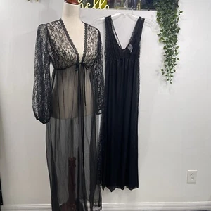 Undercover Wear Robe Gown Set Black Chiffon Lace Trim Maxi Size Small Vintage - Picture 1 of 14