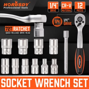 12PC 1/4” Ratchet Socket Wrench Set 4-13mm Sockets Quick Released Extension Bar - Picture 1 of 10